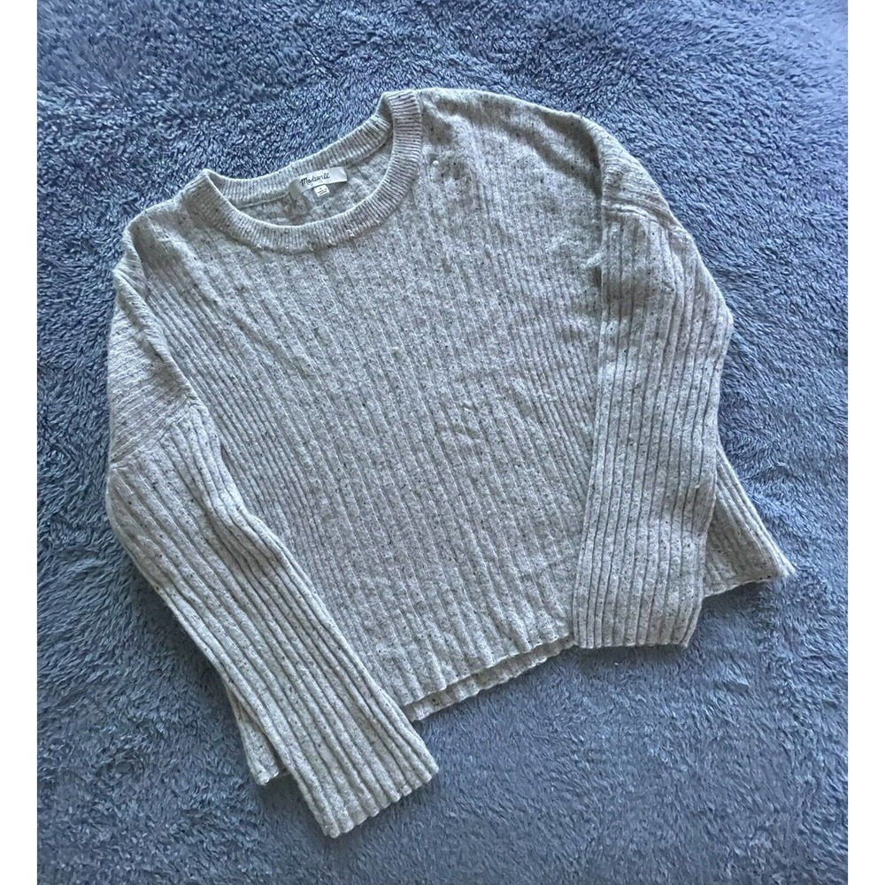 Madewell Gray Marlbed Ribbed‎ Cropped Round Neck Long Sleeve Pullover Sz S